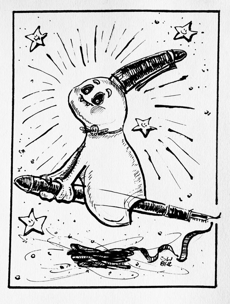 Fountain pen sketch: A Ghostie riding on a fountain pen with a broad grin