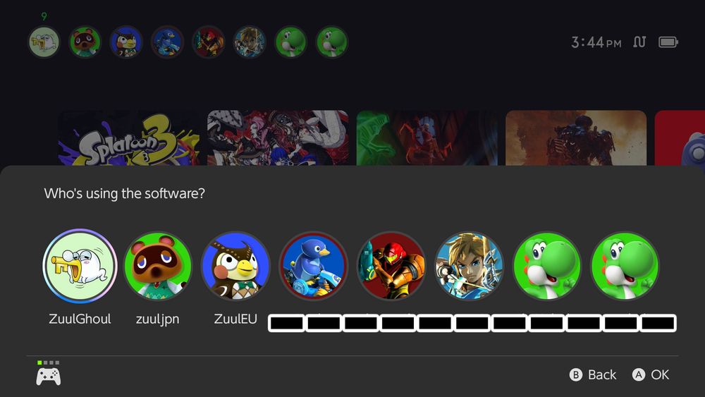 Selecting my Main Nintendo Switch user, my USA account with my JPN & EU account also in view