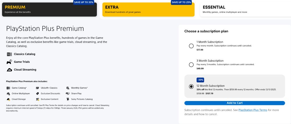 Playstation Plus "Premium" - $159.99 a year ($107.19 on Black Friday, but only if you're upgrading or cancelling your current sub)