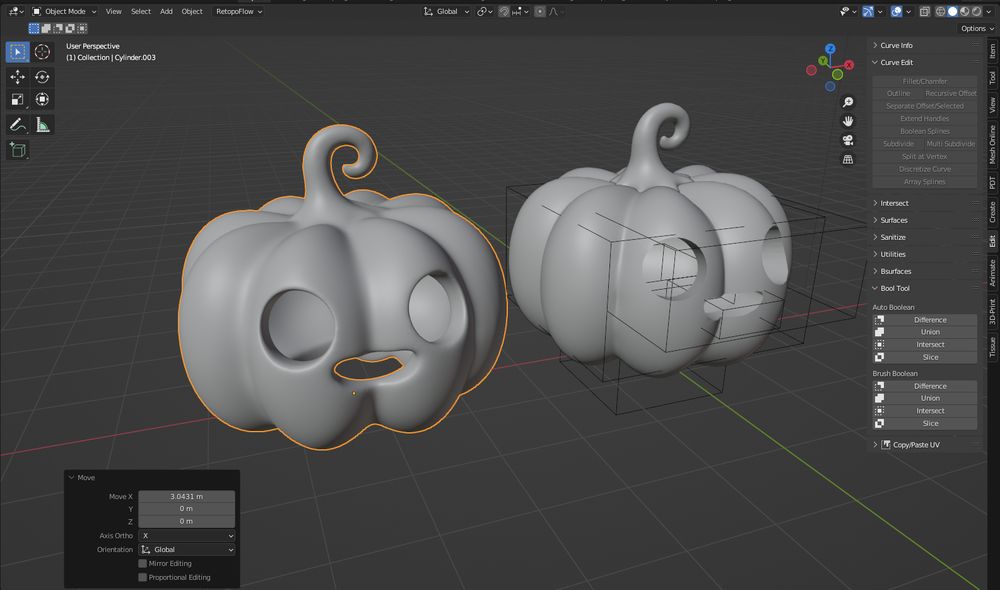 Blender screenshot of a 3D Jack O Lantern