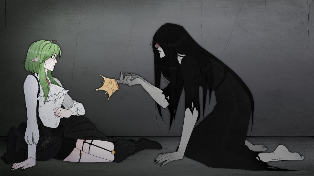 the caption of the post reads "Hey Queen, you dropped this" in distorted text.
The image is my vtuber sona lurkyfroggy and Mr Crawling from Homicipher both on the ground. Mr Crawling is holding up Lurky's crown with his index finger. Lurky is having a frightened expression.