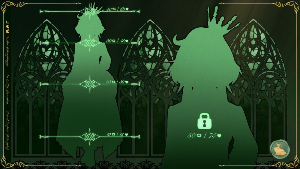 A Vtuber model reveal
the silhouette of my upcoming model in front of a green background with gothic windows.

On the left is a full body silhouette with the following reveal goals:
feet: 10 shares / 15 likes
waist: 20 shares / 30 likes
chest: 30 shares / 45 likes
head: 40 shares / 60 likes

On the right is a close up with the following goal:
50 shares / 75 likes