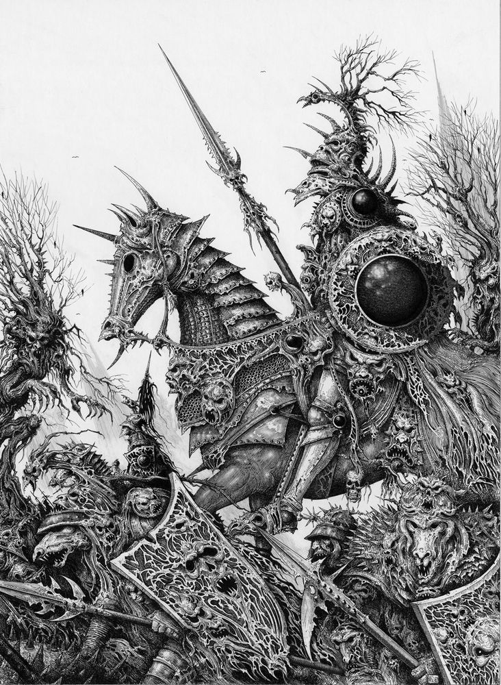 Very fine pen drawing of Chaos Knight Number 4. Pen, ink and pencil on illustration board, 2023