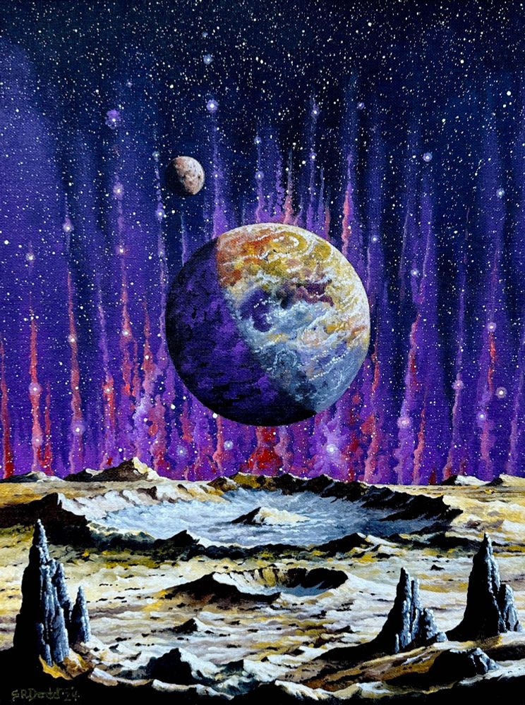 Desolate moonscape and an eco planet hanging in the sky in front of a colourful nebula and stars