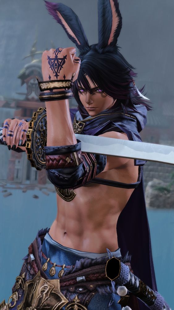Naboris Raiden is standing in front of Doma Castle in the rain. He is wearing traditional attire of his native Lightning Tribe back home in Golmore, and he is swiping his katana across his arm. His lightning sigil is showing on the back of his left hand.