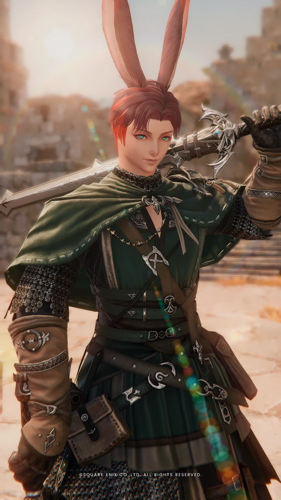 Drayden stands smiling and proud wearing his green tunic and brown gloves. The sun is shining behind him and on his back. He is holding two Viper swords; the left sword is resting over his shoulder, the right sword is stabbed into the ground.