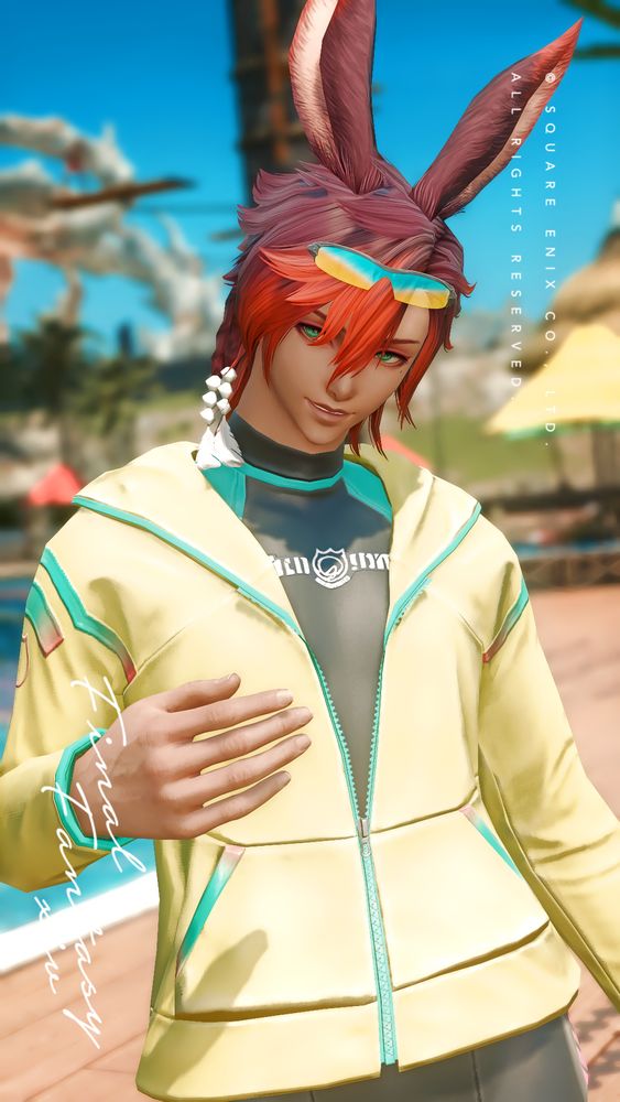 Drayden is standing in the new waterpark at Costa Del Sol for the Moonfire Faire. He is wearing a bright yellow jacket with rainbow glasses on his head. He is extending his hand as if asking the viewer to come visit!