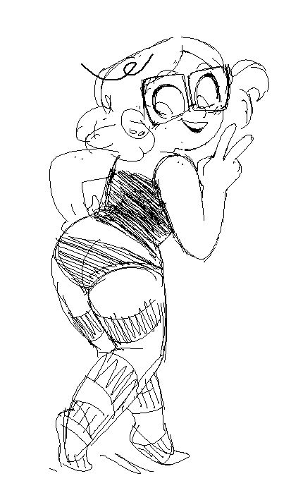 Hope shows off her backside while giving a peace sign. She's wearing striped stockings, a simple black spaghetti strap tank top and black panties