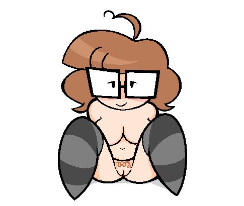 Hope naked, except her striped stockings, leaning back to show off her bush.