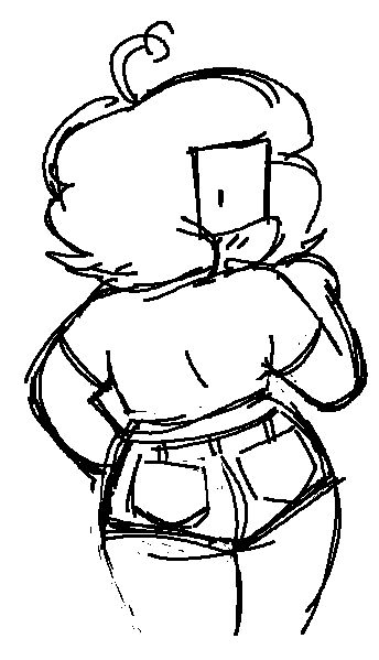 Hope in shorts from behind, showing a little cheek.
