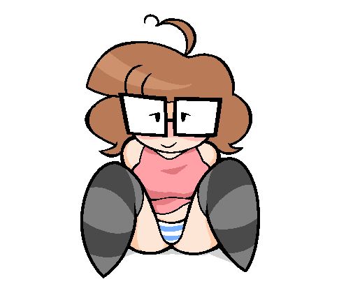 Hope wearing a hiked up pink dress and striped stockings, leaning back to show off her blue and white striped panties.