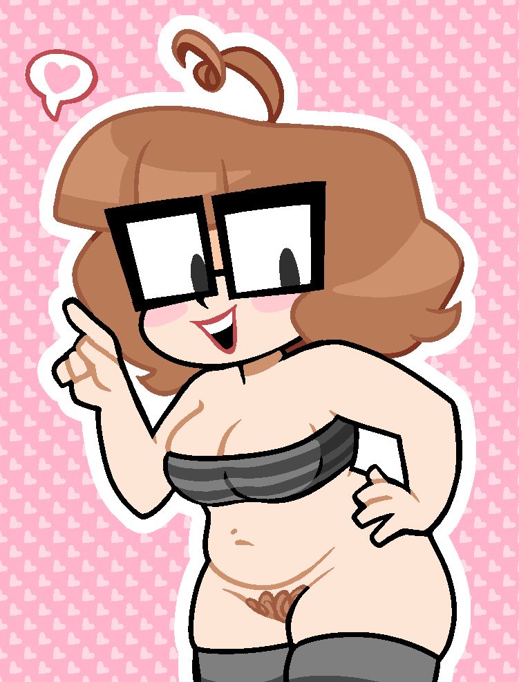Hope smiling in a stripped tube top, Donald Duck-ing it, on a pink heart background