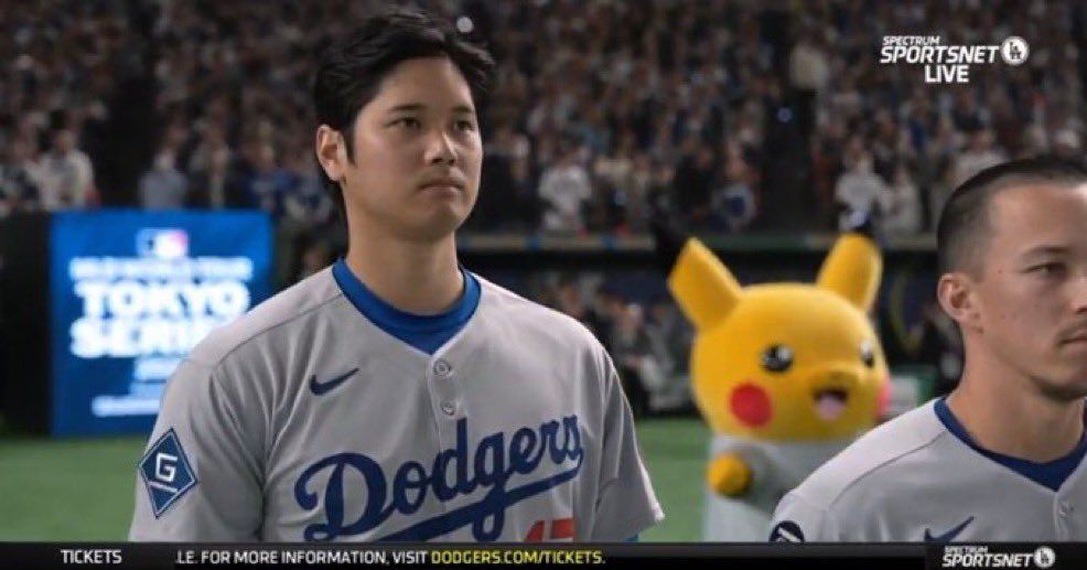 Pikachu behind Shohei Ohtani during the anthem 