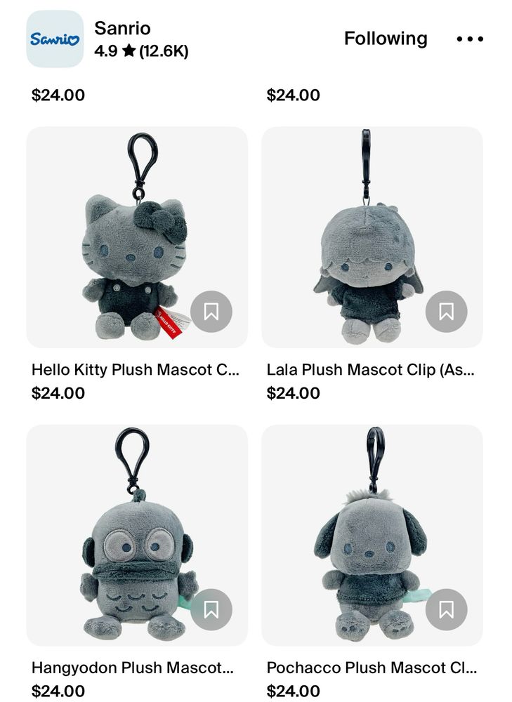 Grayscale Sanrio plush keychains 