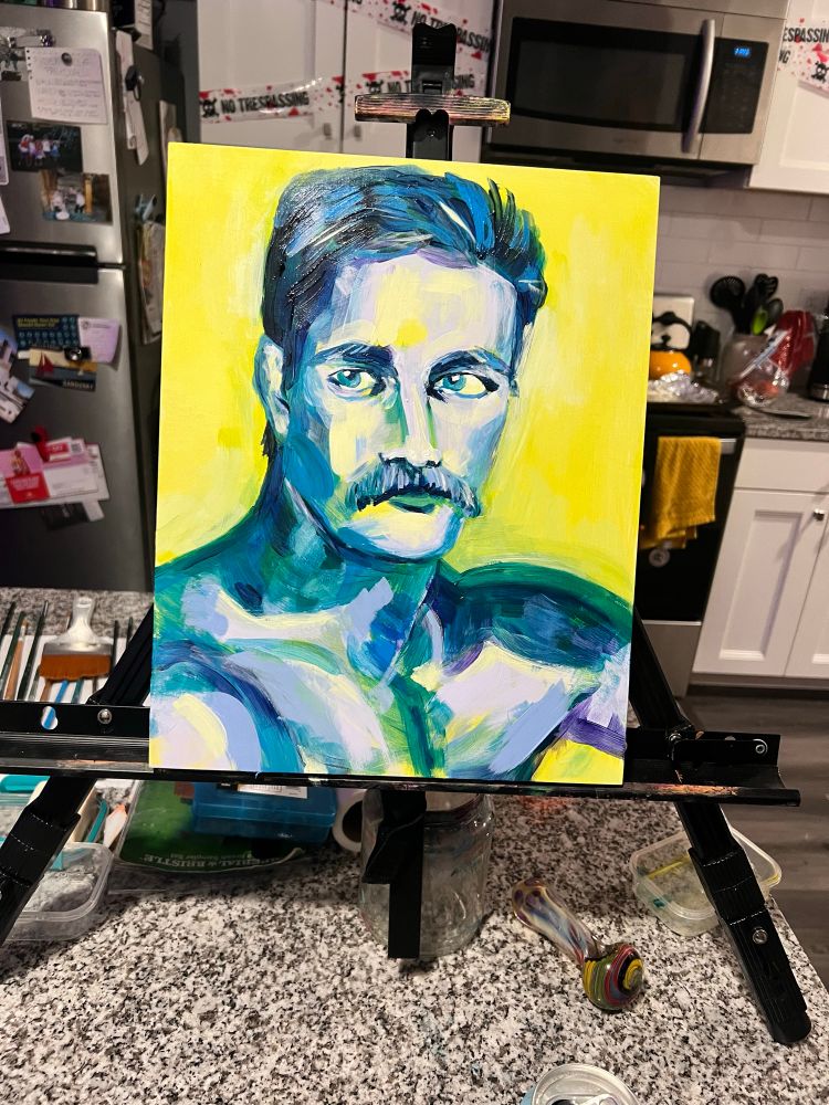 A painting of a mustached man with a bright chartreuse background. The figure is defined by shades of blue