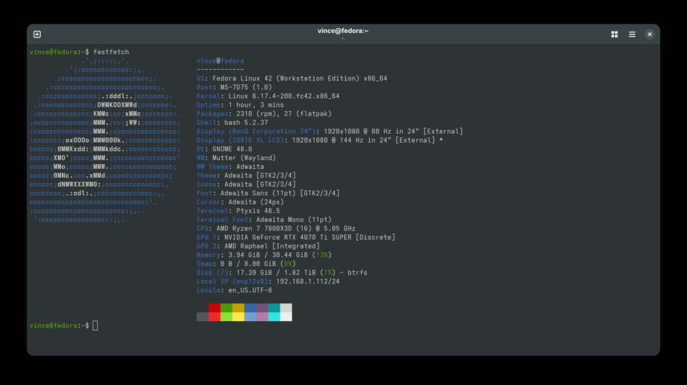 Fedora fastfetch ASCII screen. 