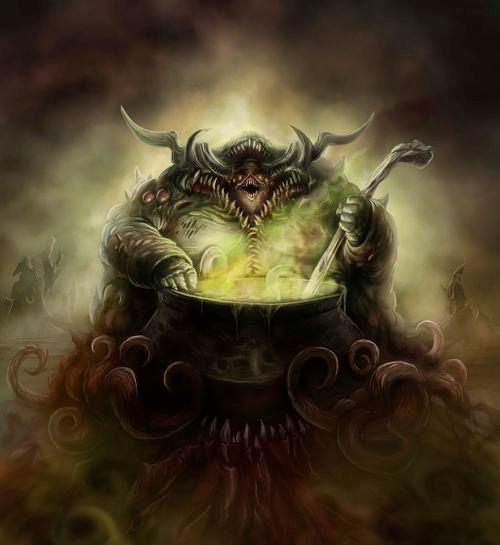 this is nurgle he's a chaos god of pestilence from Warhammer, he's greenish-brownish and toothy and has horns and is stirring a big pot of whatever illegal mouse sexual aggression brew RFK Jr. shoots up