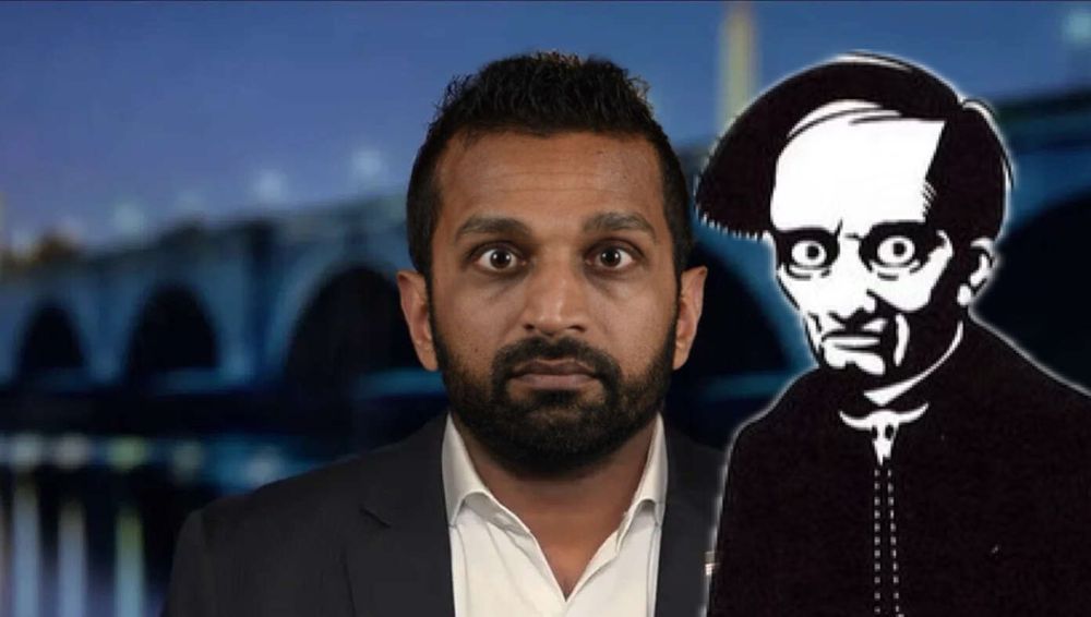 A photo Kash Patel staring fixedly into the camera with an iOS sticker of the bug-eyed staring dude from Max Cannon’s Red Meat right next to him.