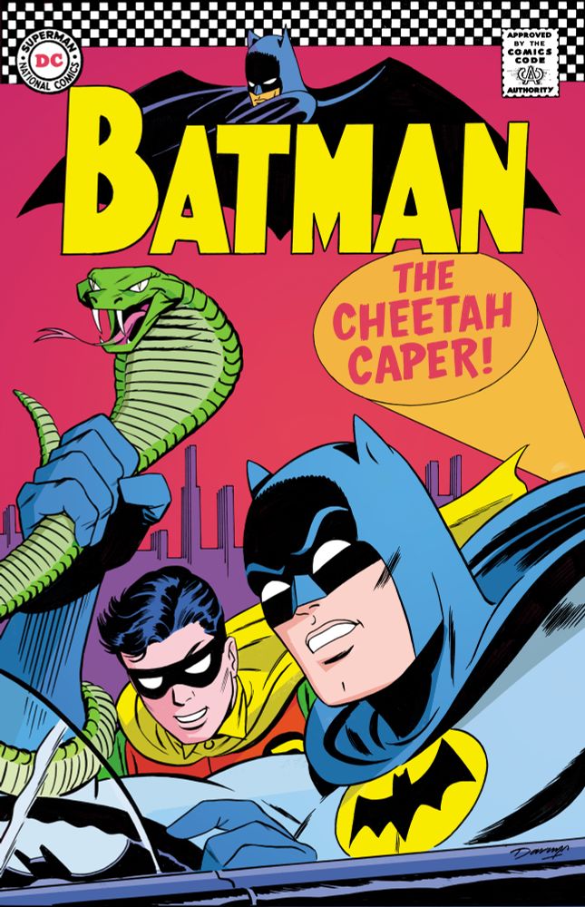 The Cheetah Caper! From a Big Little Book, but I added go-go checks to Darwyn’s Batman logo, because. 
Batman holds a cobra whilst driving, Robin looks unbothered and confident in the passenger seat
Thanks to Calum at Strange Adventures for the image!