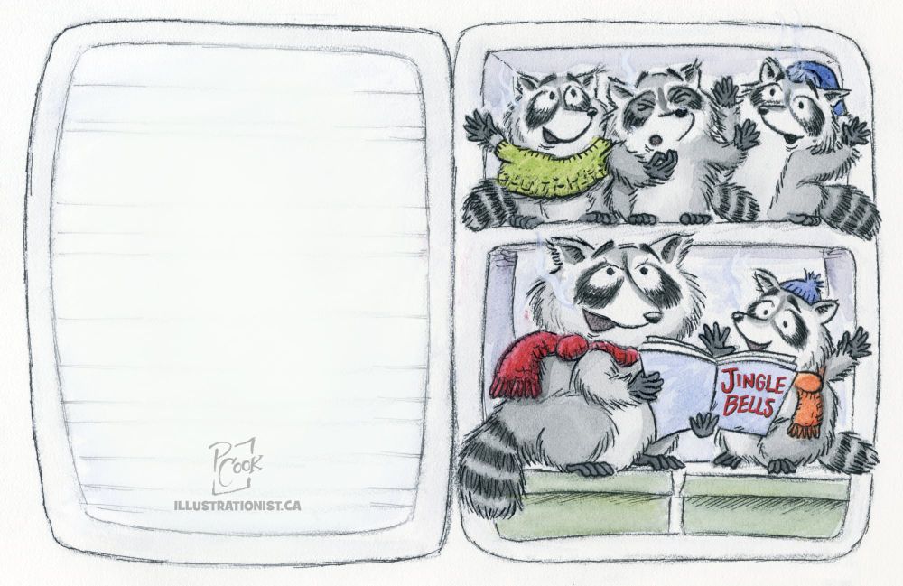 Cartoon of the inside of a refrigerator with three young raccoons on the top shelf, one wearing a sweater, another a toque, all singing, while on the lower shelf a mother raccoon in a red scarf holds a booklet titled Jingle Bells while a young raccoon beside her sings as well.