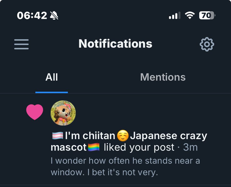- I'm chiitan © Japanese crazy mascot
liked your post • 3m
I wonder how often he stands near a window. I bet it's not very.