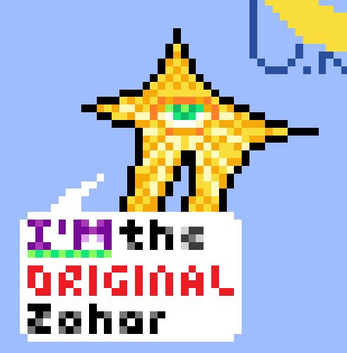 Pixel art on wplace of deltarune's "starwalker" character, except drawn as the Zohar from Xenogears. A speech bubble emerges from it, reading "I'M the ORIGINAL Zohar" - the text uses purple, green, and red ala Xenoblade's Trinity Processor.