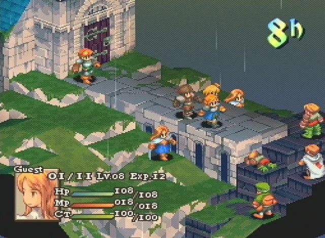 A battle scene in Final Fantasy Tactics, showing the chibi characters on the isometric battle grid. The battle scene looks like it's in the same pixel art style as the characters, but it's a 3D model and they're 2D sprites.