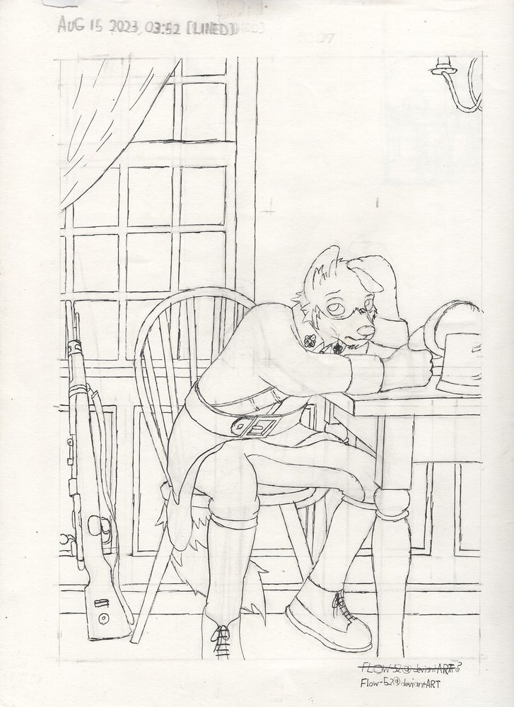 A soldier "poses" for a photo in a tavern.