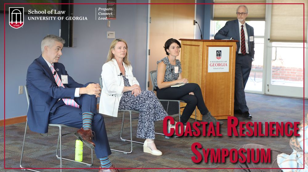 Image shows symposium speakers (left to right) Mark Nevitt, Courtney Reich and Rachel Carlson during the audience Q&A session at the Coastal Resilience Symposium. 