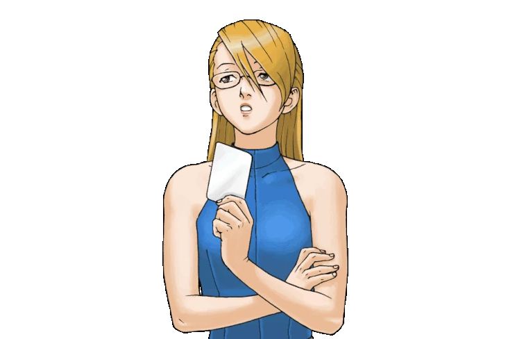 An animated white lady, with long blonde hair and glasses, flips a card between her right hand fingers, staring off thoughtfully to her right