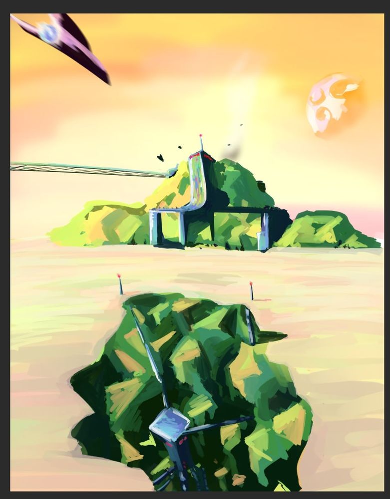 Digital painting of a sci-fi planet. At the horizon there is a green mountain range with gigantic structure sticking out of it. Closer to thr viewer is a ravine with more structures embedded into it. Theres a few space crafts flying about and an asteroid visible in the atmosphere