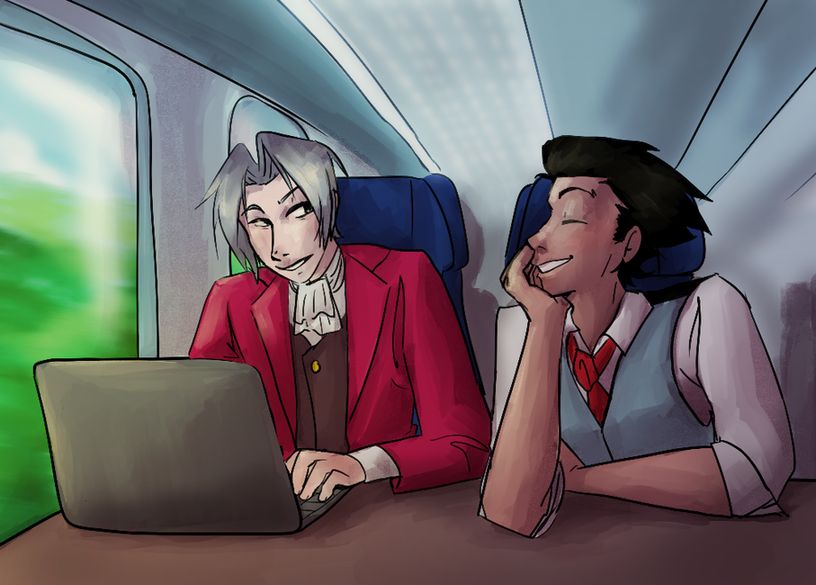 Edgeworth and Wright on a train. Train interior is inspired by german Intercity Trains. they are smiling and laughing and comfortable in their seats with table. Edgeworth is typing on a laptop and Wright is beaming at him, chin resting on his hands. He is just in a rolled up shirt without his suit jacked. they are passing a blue sky and grassy landscape.