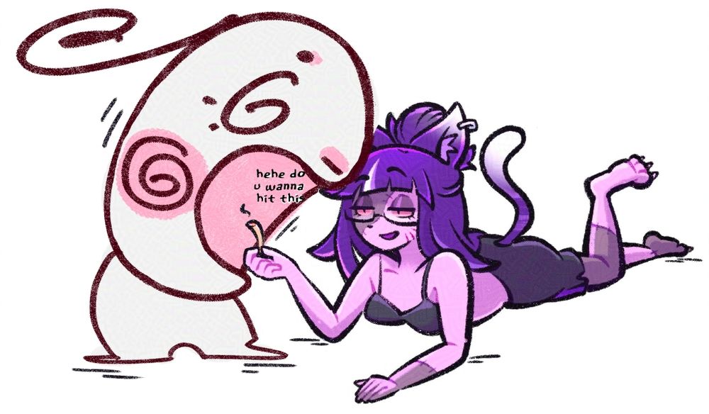 A purple cat lady lounging in a white void holding a lit doobie saying "hehe do u wanna hit this" And a little creature (me) unhinging their jaw to take a bite and eat said Doobie