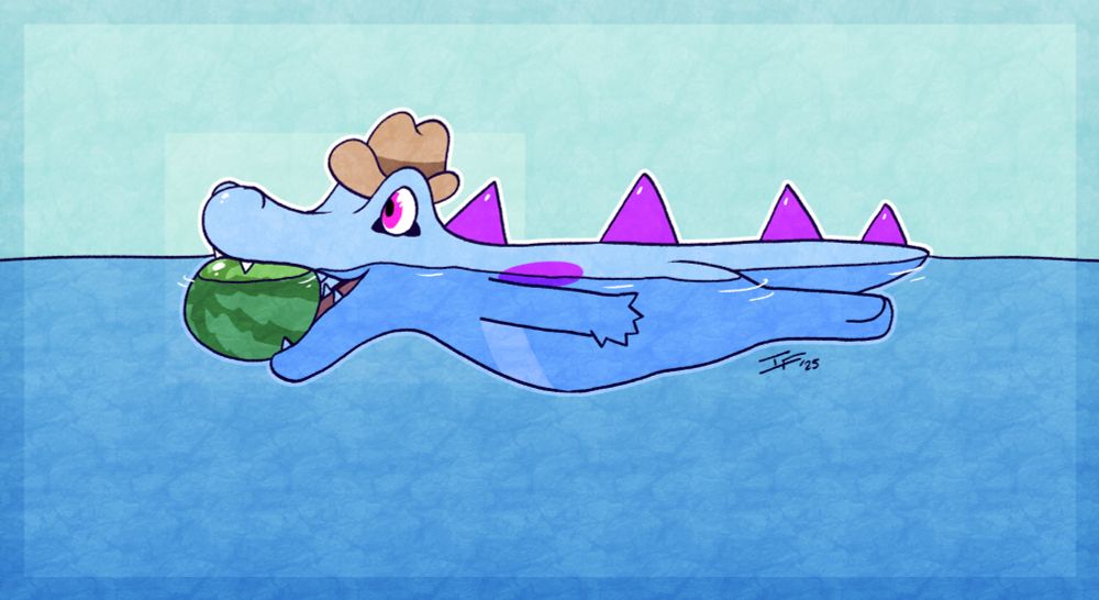 a totodile swimming on the water's surface with a watermelon in his mouth