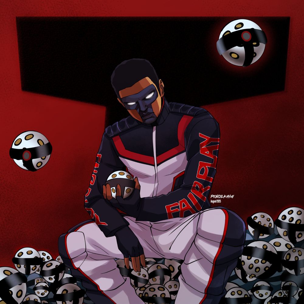 Image depicts DCU character Mr terrific in a menacing scenery where he is shown sitting on his "T-spheres"