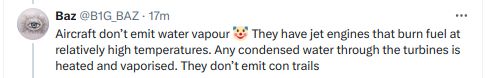 Twitter post explaining how aircraft cannot emit water vapour because the water gets vaporised. 