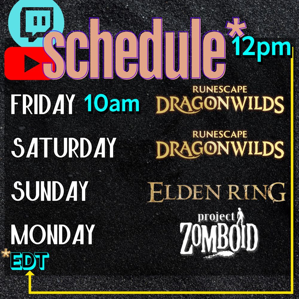 MollyBerry's livestream schedule for 18APR-21APR
Times are EDT
Friday 10am Runescape: Dragonwilds
Saturday 12pm Runescape: Dragonwilds
Sunday 12pm Elden Ring
Monday 12pm Project Zomboid

Twitch: https://www.twitch.tv/mollyberry
YouTube: https://www.youtube.com/@themollyberry