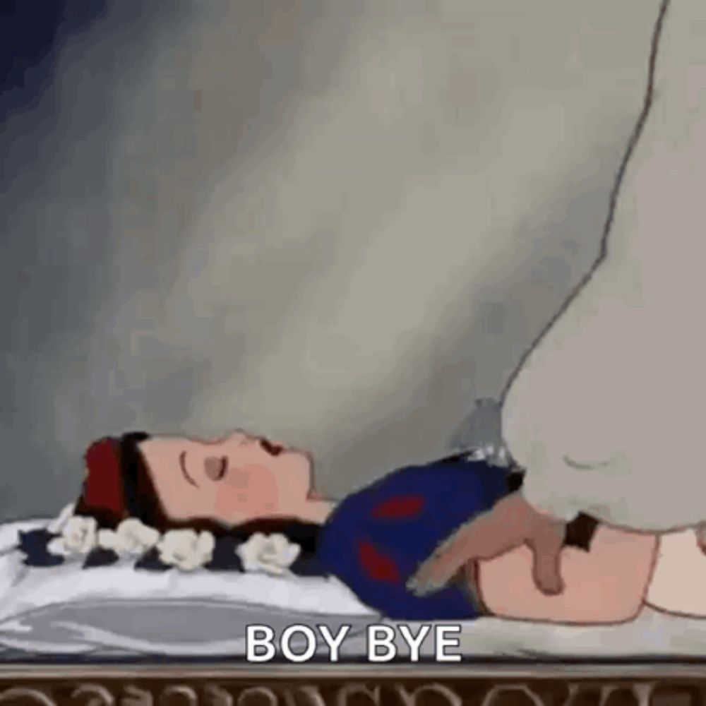 a cartoon of snow white laying on a bed with her eyes closed and a hand reaching out towards her .