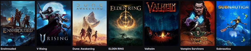 Game covers for MollyBerry's recently streamed categories on Twitch: Subnautica, Vampire Survivors, Valheim, Elden Ring, Dune: Awakening, V Rising, and Enshrouded.