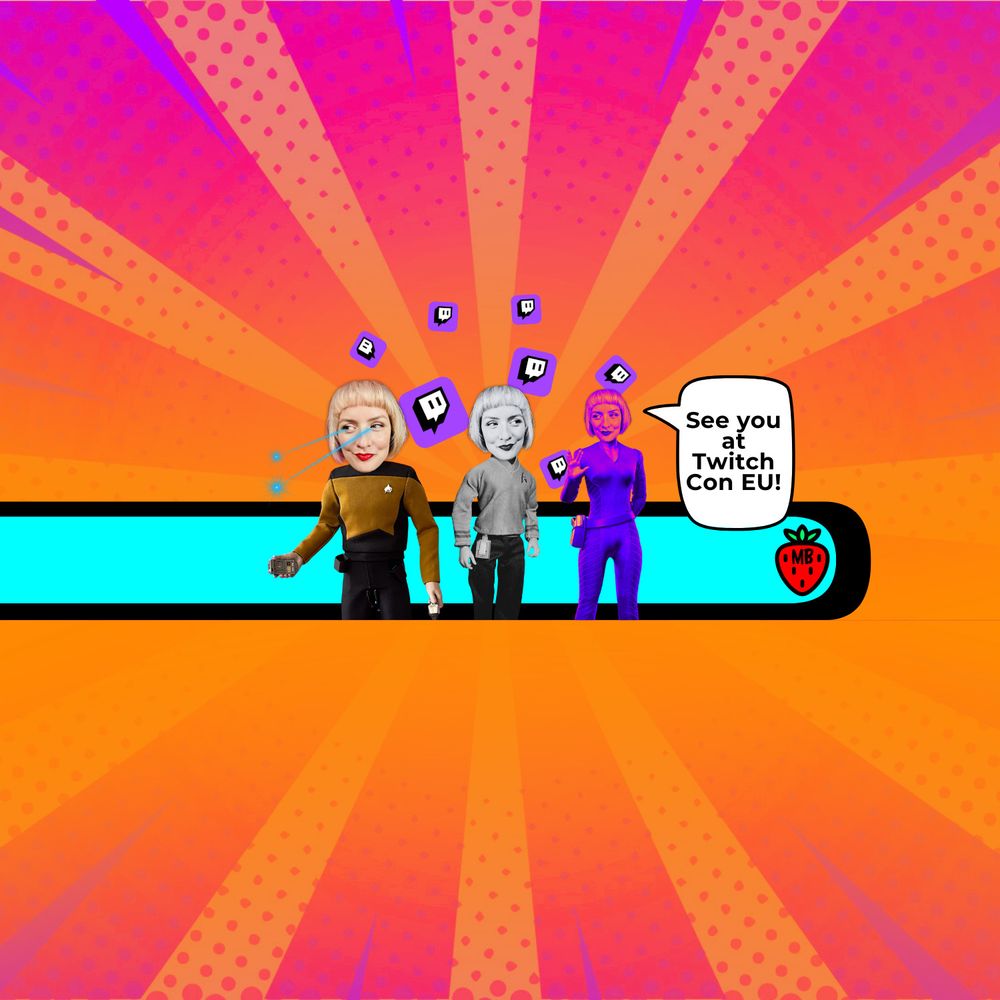 MollyBerry's bluesky banner image showing three MollyBerry figures in retro Star trek outfits, flying Twitch logos and a comic style background and blurb "see you at twitch con EU!"
