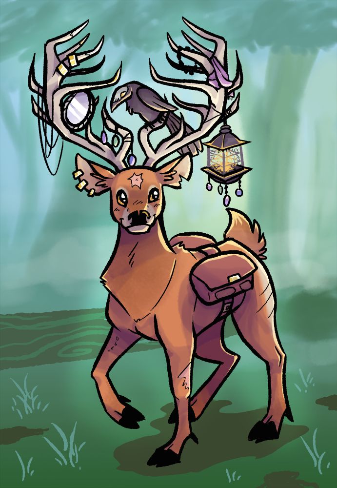 Digital art of a Tarim red deer in a forest. She has earrings in one ear, scars across her body, and bags hanging at her sides. Various objects dangle from her antlers, including a mirror, a lit lantern, and a purple scarf. A crow with a patch of white on its face sits among them.