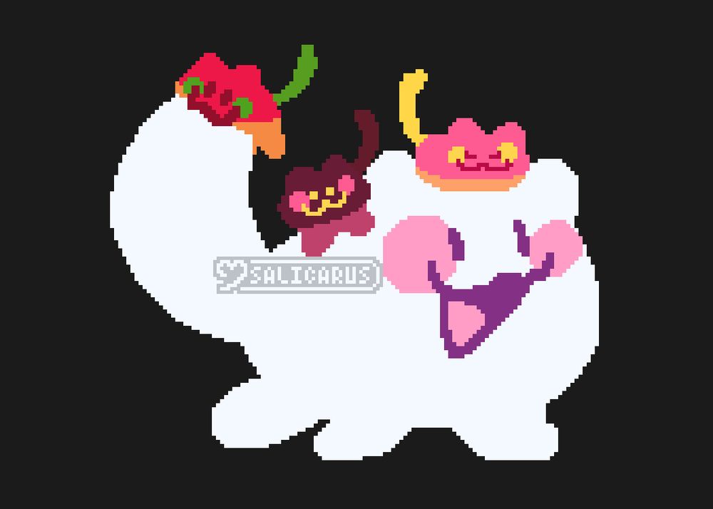 a pixel art of cherrichus's cat creatures: buttcat and some pittercats!!!!!!!!!!!!!!!!!!!!!!!! da pittercats are ridin on buttcat's back!!!!!!!!!!!!!!!!!!!!!!!!!!!!!!!!!!!!!!
