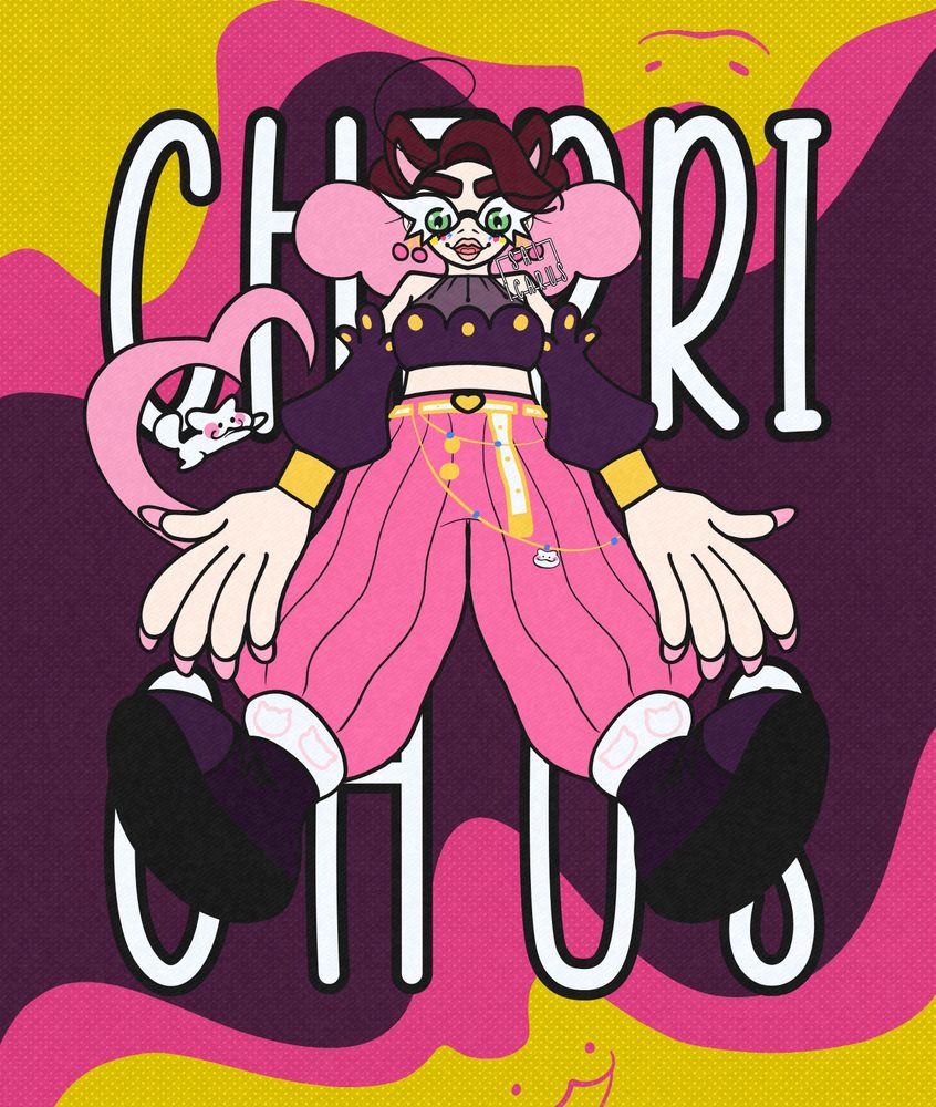 an illustration of cherrichus!!!!!!!!!!!!!!!

she is in mid-air with a teeny-tiny buttcat to her right