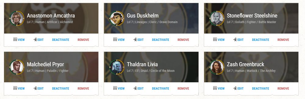 This image shows the DM interface of a D&D Beyond game displaying six character profiles. Each profile includes a character illustration, their level and race, and their class and subclass, arranged in two rows. From left to right, top row: "Anastomon Amcathra" (Level 7 Human Artificer/Alchemist), "Gus Duskhelm" (Level 7 Lineages Cleric/Grave Domain), "Stoneflower Steelshine" (Level 7 Goliath Fighter/Battle Master). Bottom row: "Malchdeiel Pryor" (Level 7 Human Paladin/Fighter), "Thaldran Livia" (Level 7 Elf Druid/Circle of the Moon), "Zash Greenbruck" (Level 7 Human Warlock/The Archfey).