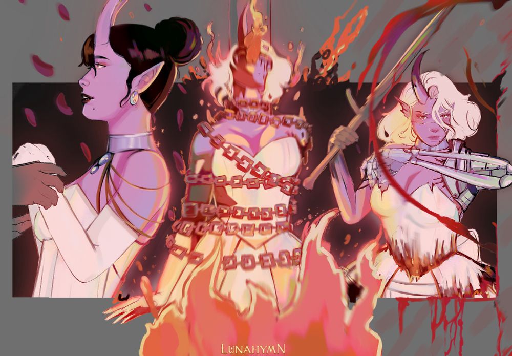 A three image art piece of my purple tiefling, Visura. In one image she is happily marrying, her hair is black and she has both horns. Their second image is of her being burned alive at the stake. The last is her wielding a blade, splattered in blood. 