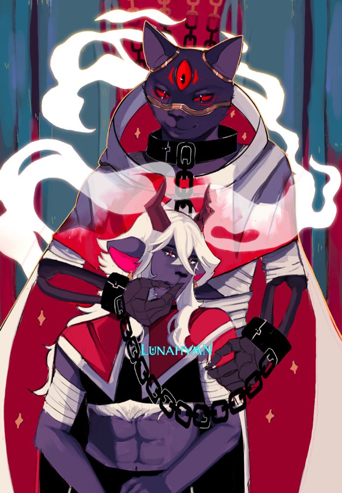 Redesigns of Narinder and the Lamb from Cult of the Lamb are close together. The lamb looks at the viewer with intensity, Narinder drapes them with his chains and cups their face, he is resting his finger to their mouth. They are surrounded by white smoke