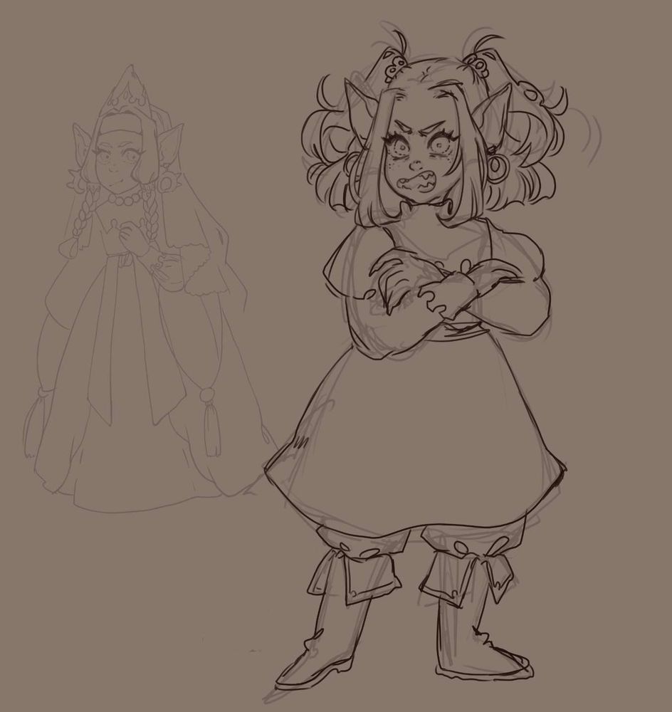 Sketch of an irritated goblin girl with crossed arms.