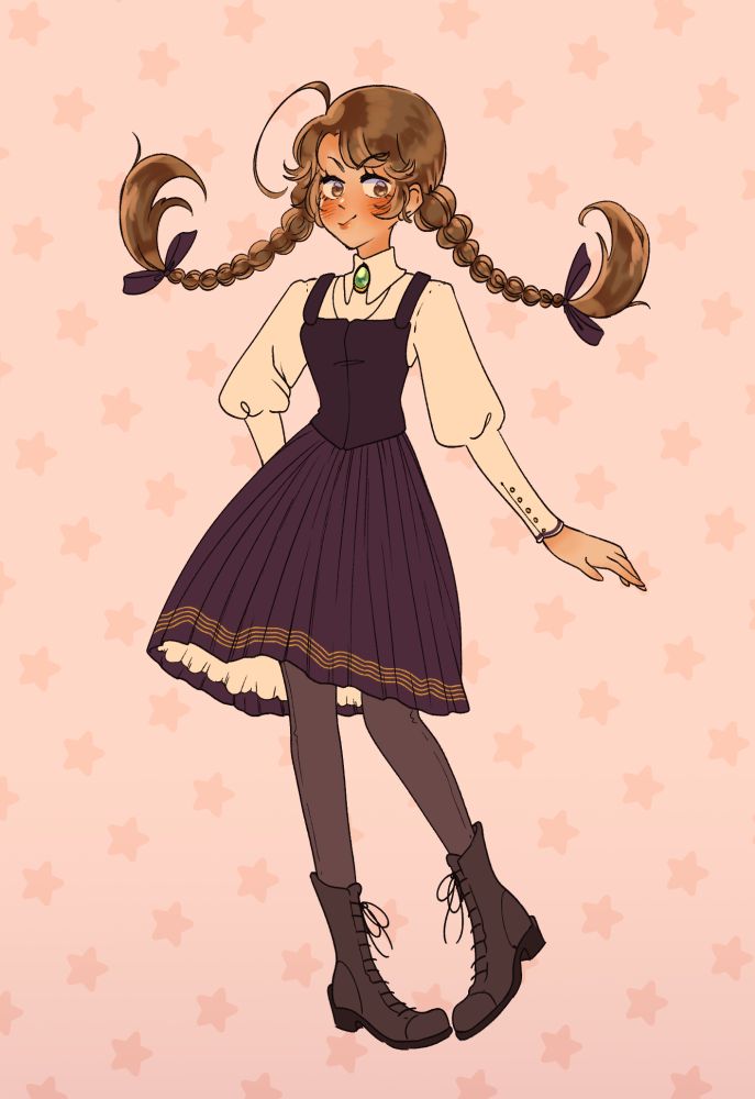 Human girl in dark mauve bodice and pleated skirt with long braids and leather boots