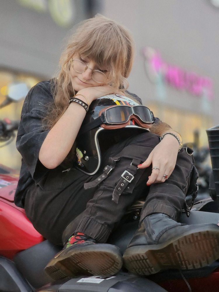 trans girl on motorcycle says words about being exhausted. on a related note, mother 3 represent