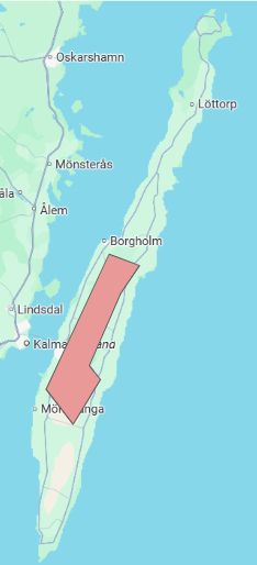 Karta över Öland från Google, med en figur med samma form och storlek som Gazaremsan lagd ovanpå ön som jämförelse.